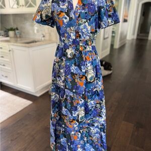 Anthropologie- Somerset Dress- Blue and Orange Flutter Sleeve Maxi